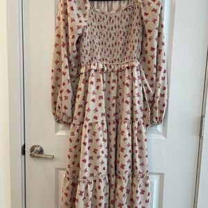 Hayden Los Angeles-smocked butterfly print maxi dress- beige pink long sleeve